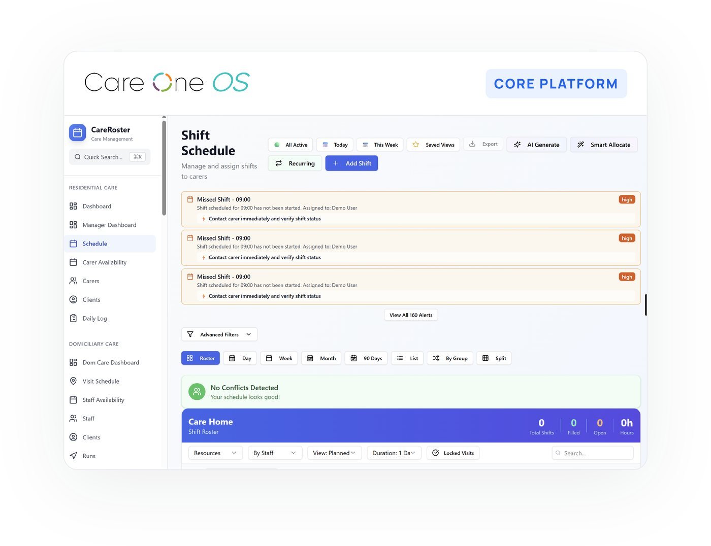 The Care One OS core platform, showing the CareRoster shift schedule with missed-shift alerts and a care home roster summary.