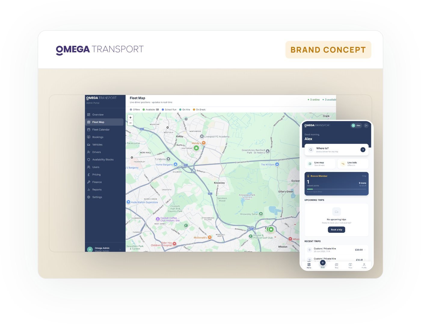 The Omega Transport concept, showing the live fleet map alongside the passenger booking app.